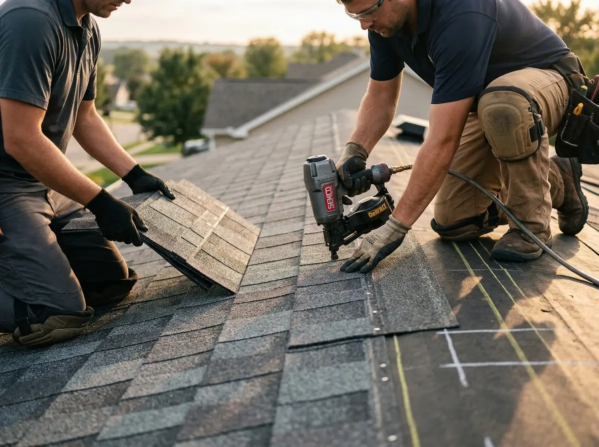 Professional roofer working on a residential roof in Demopolis